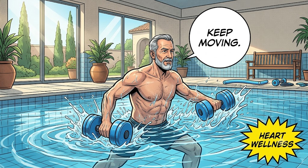 A single-panel comic book illustration of a middle-aged man with a graying goatee and glasses sitting at a desk, thoughtfully looking up while writing in a journal. The panel has a bold black border, a speech bubble that reads "KEEP MOVING," and a yellow comic burst in the lower corner reading "AN EXERCISE PANEL."