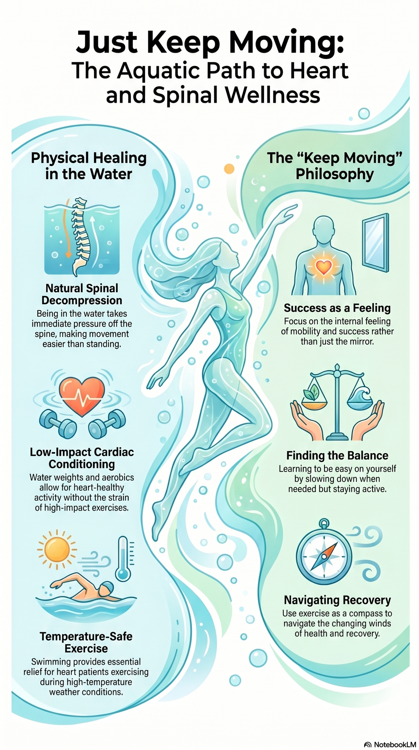 Infographic: Just Keep Moving. Outlines aquatic exercise benefits for heart and spinal health and a recovery philosophy