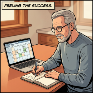 Comic book style illustration of a middle-aged man with a goatee writing in a journal with a "KEEP MOVING" speech bubble.