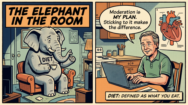Comic: An elephant in a 'DIET' shirt. A man says, 'Moderation is MY PLAN.' Caption: 'DIET: DEFINED AS WHAT YOU EAT