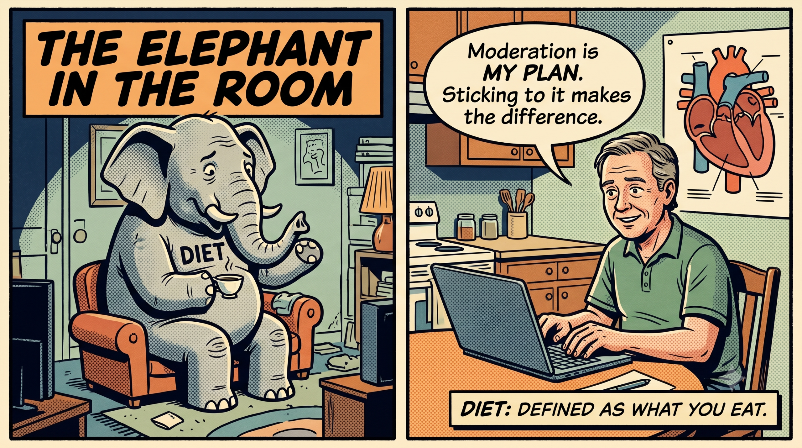 Comic: An elephant in a 'DIET' shirt. A man says, 'Moderation is MY PLAN.' Caption: 'DIET: DEFINED AS WHAT YOU EAT