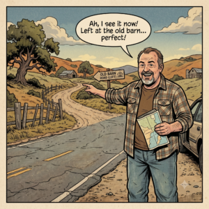 Man with a map points to a road sign. Speech bubble: Ah, I see it now! Left at the old barn... perfect!
