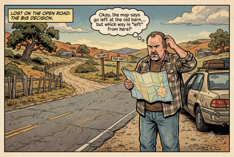 A retro comic book style illustration of a slightly overweight, middle-aged man with a goatee and flannel shirt. He is standing at a dusty rural road junction next to his parked sedan, looking lost. He is scratching his head in confusion, holding a large, unfolding paper roadmap. A thought bubble above him asks, "Okay, the map says go left at the old barn... but which way is 'left' from here?" Two faded signs ambiguously point left and right.