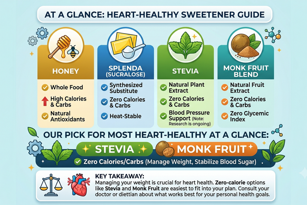 Infographic chart comparing Honey, Splenda, Stevia, and Monk Fruit. It highlights Stevia and Monk Fruit as preferred heart-healthy choices due to their zero-calorie and zero-glycemic index properties.