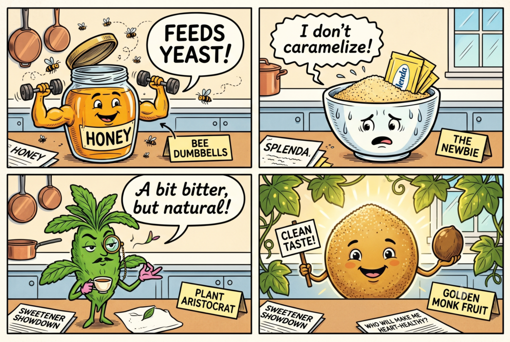 A colorful, hand-drawn style comic panel showing a worried, pale cartoon white bowl filled with a granulated sugar substitute and yellow sweetener packets. The character is sweating and speaking through a jagged speech bubble that reads, 'I don’t caramelize!' Beside the bowl, a small cardboard desk sign labels it as 'The Newbie' on a clean kitchen counter background.