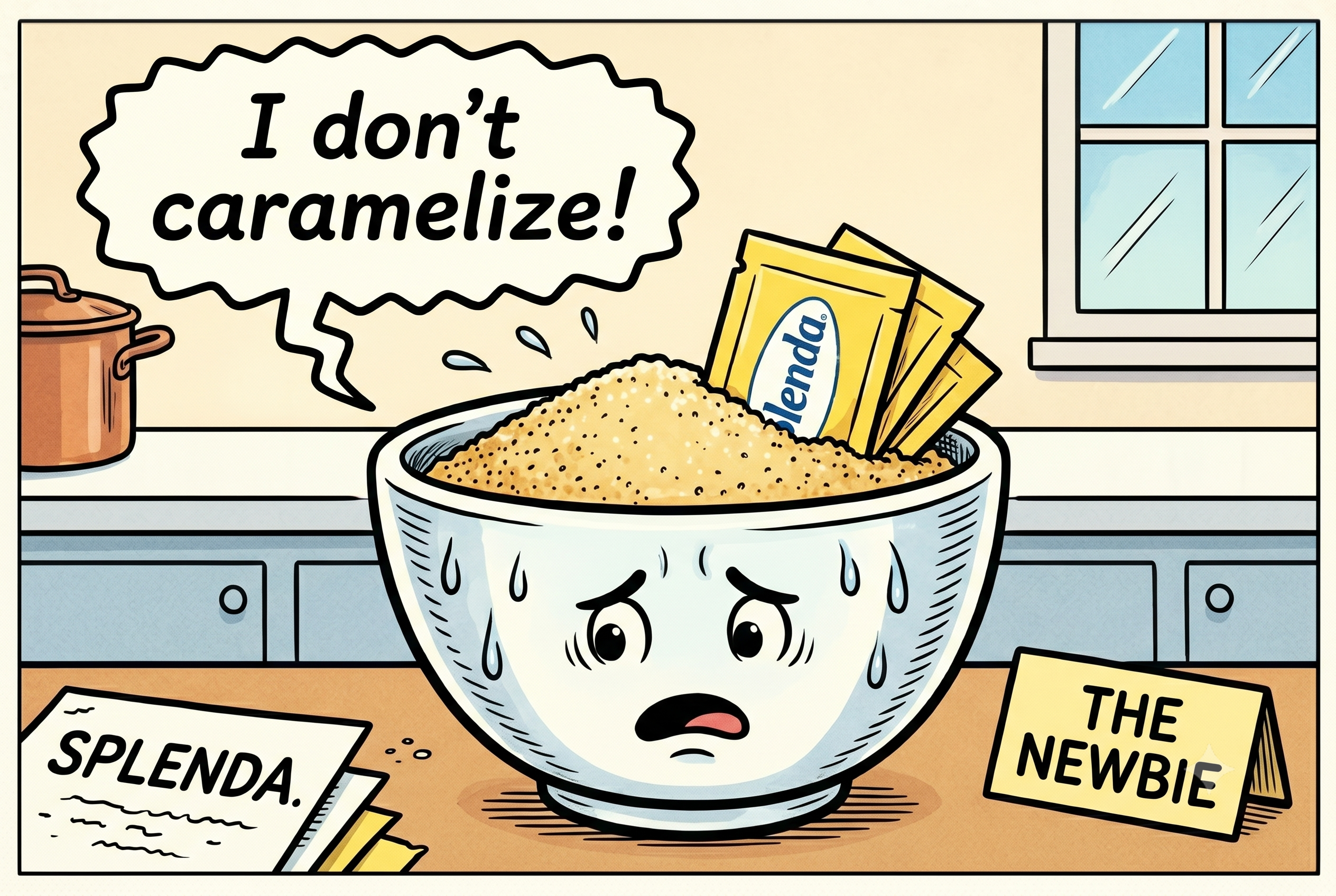 Comic panel showing an anthropomorphic bowl of Splenda sweating with a speech bubble saying 'I don't caramelize!', labeled with a table card reading 'The Newbie'.